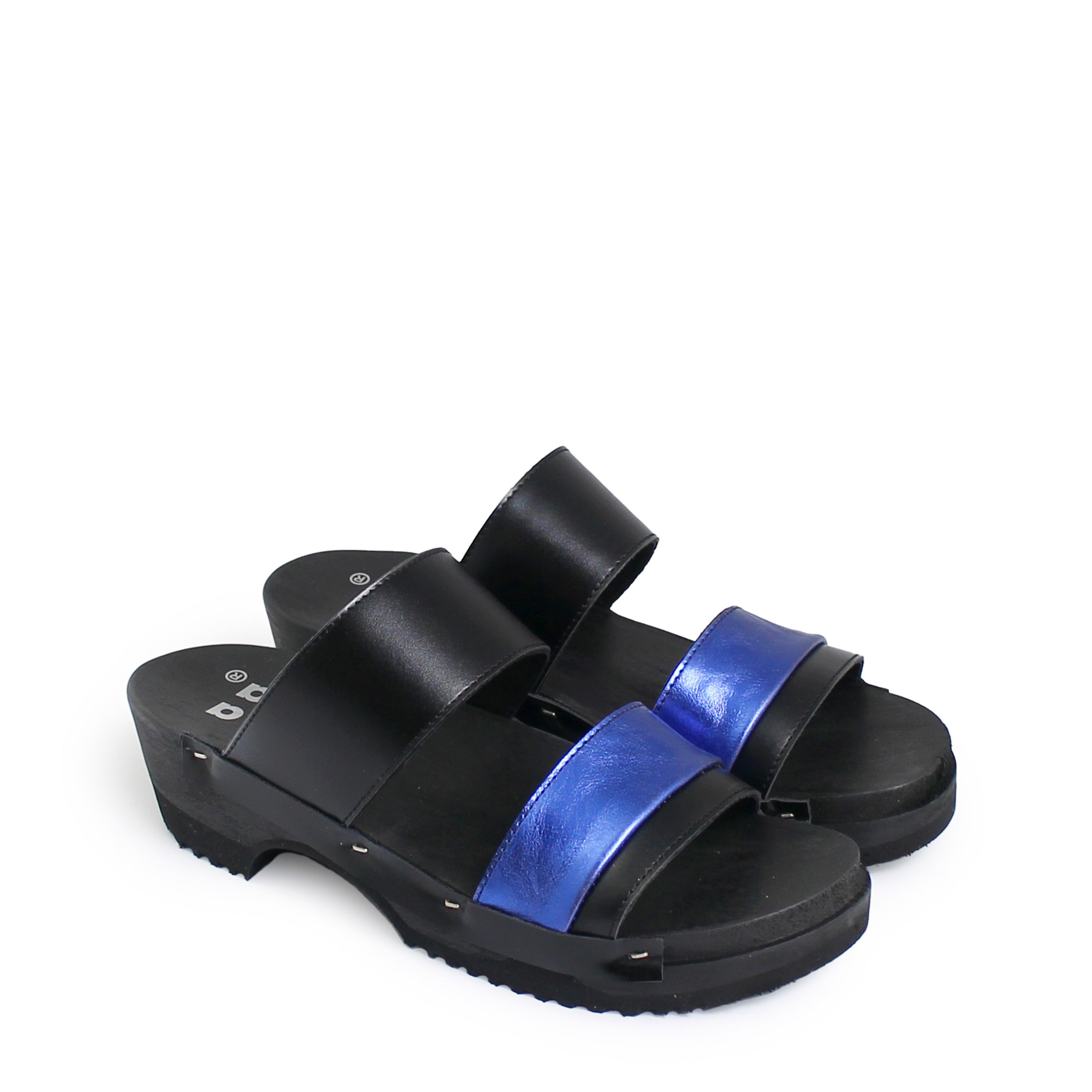 rosamosa donau black cobalt leather strap wooden clog shoe
