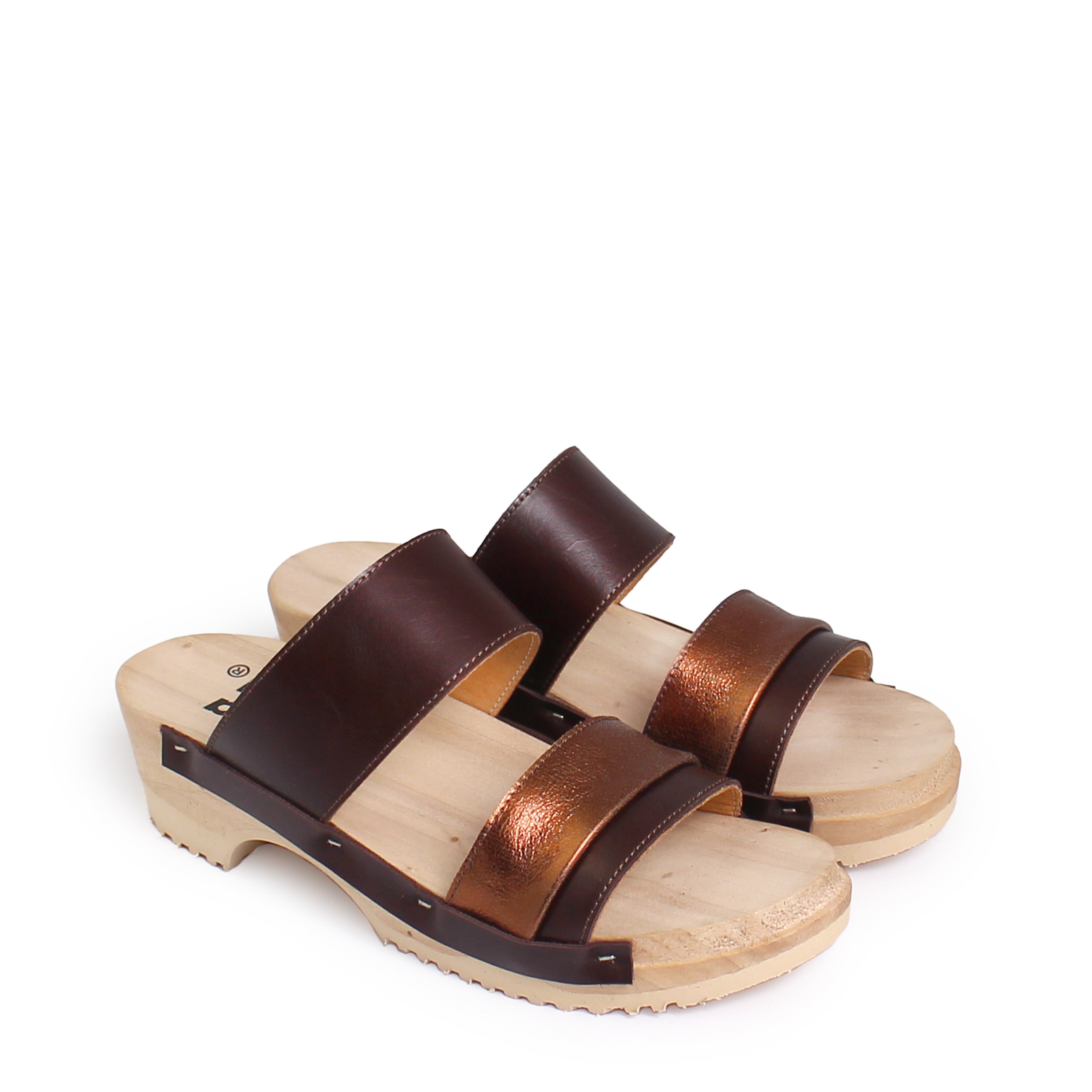 rosamosa donau brown bronze leather strap wooden clog shoe