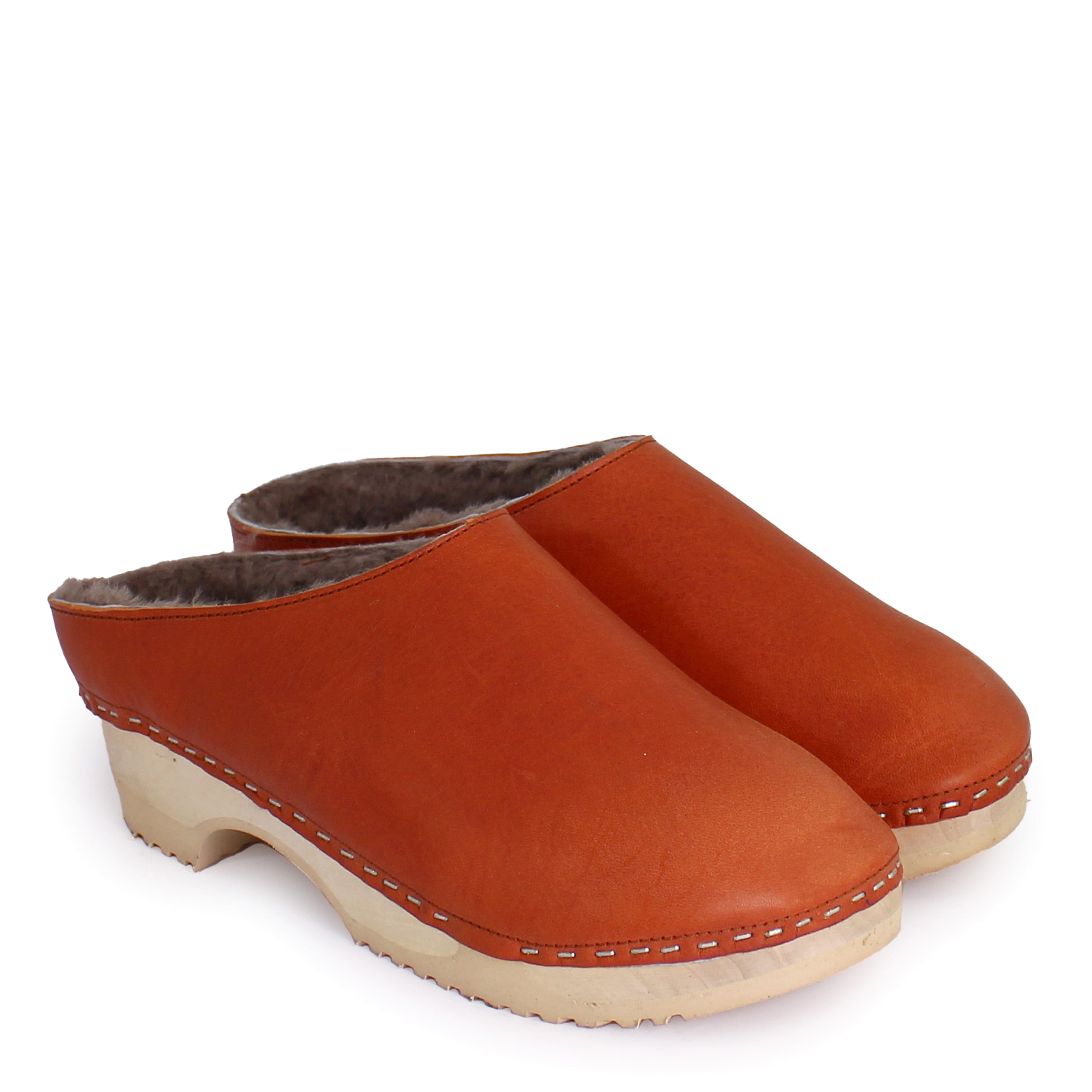 Rosa Mosa round orange leather gray shearling dark wooden clog adult woman man