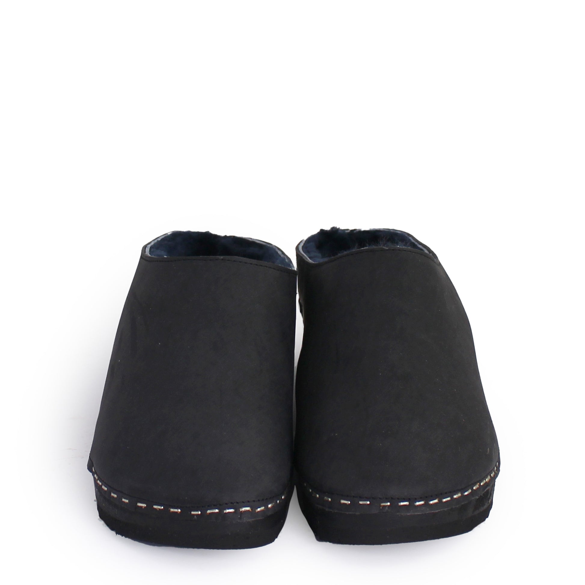 Rosa Mosa round black leather blue shearling dark wooden clog adult woman man