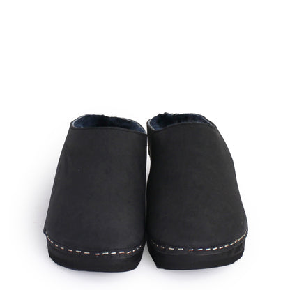 Rosa Mosa round black leather blue shearling dark wooden clog adult woman man