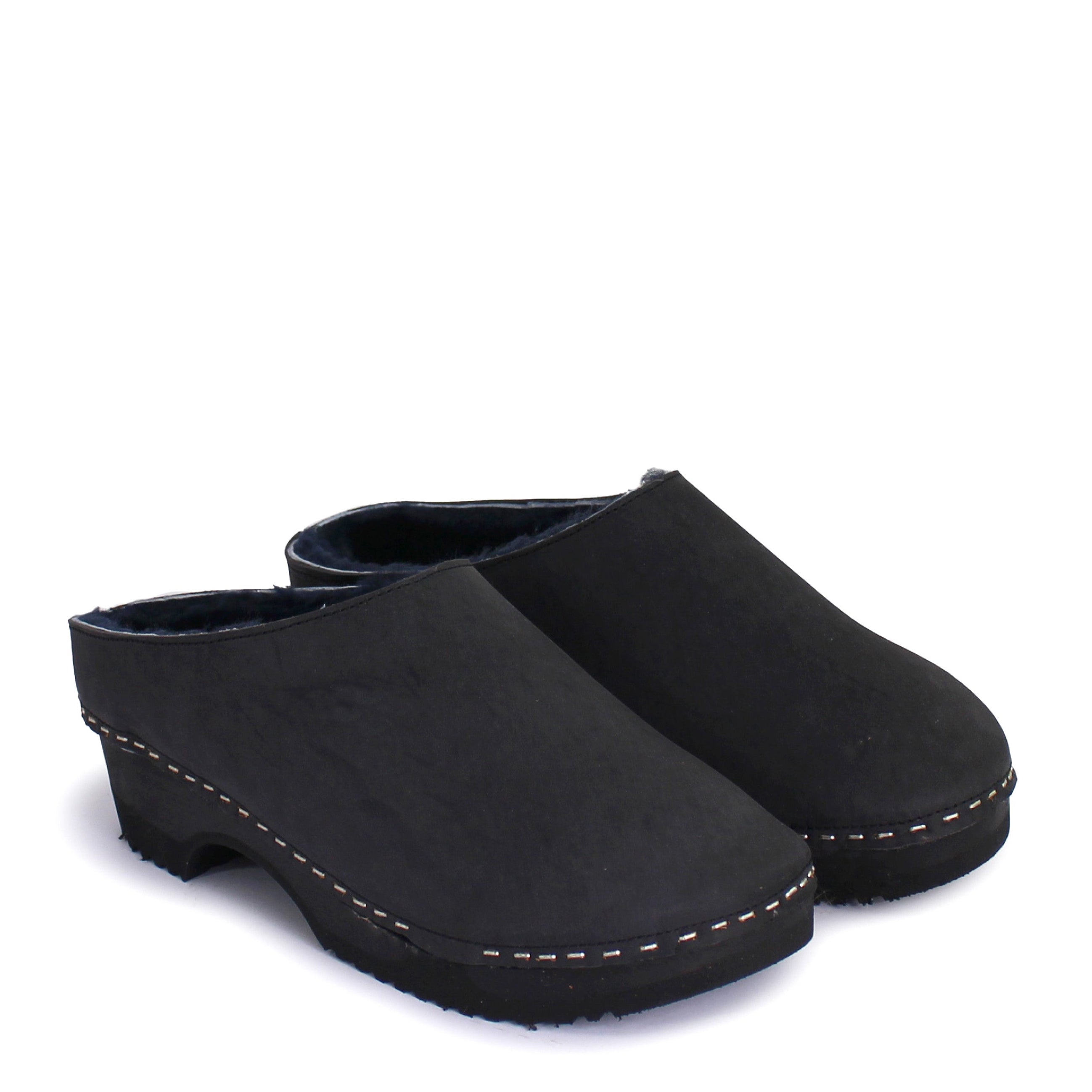 Rosa Mosa round black leather blue shearling dark wooden clog adult woman man