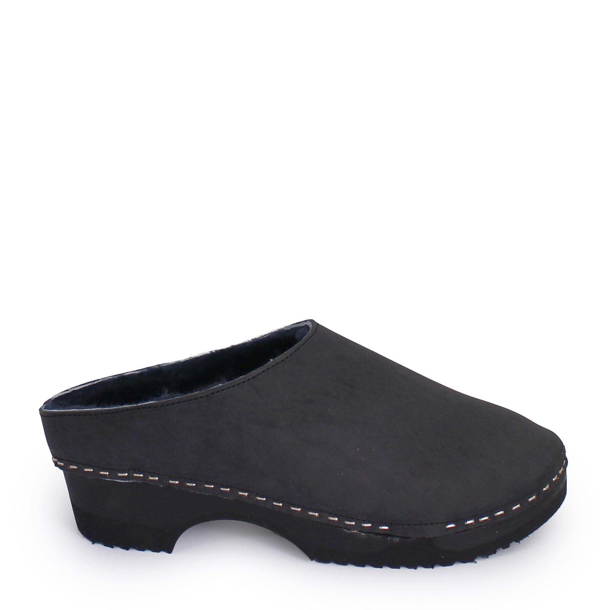 Rosa Mosa round black leather blue shearling dark wooden clog adult man woman