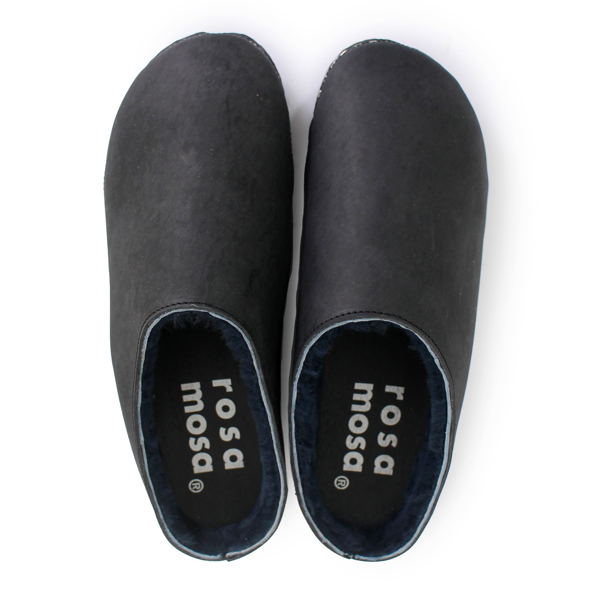 Rosa Mosa round black leather blue shearling dark wooden clog adult woman man