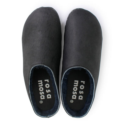 Rosa Mosa round black leather blue shearling dark wooden clog adult woman man