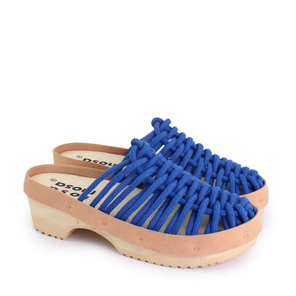 rosamosa panto blue cotton hand-woven net wooden clog