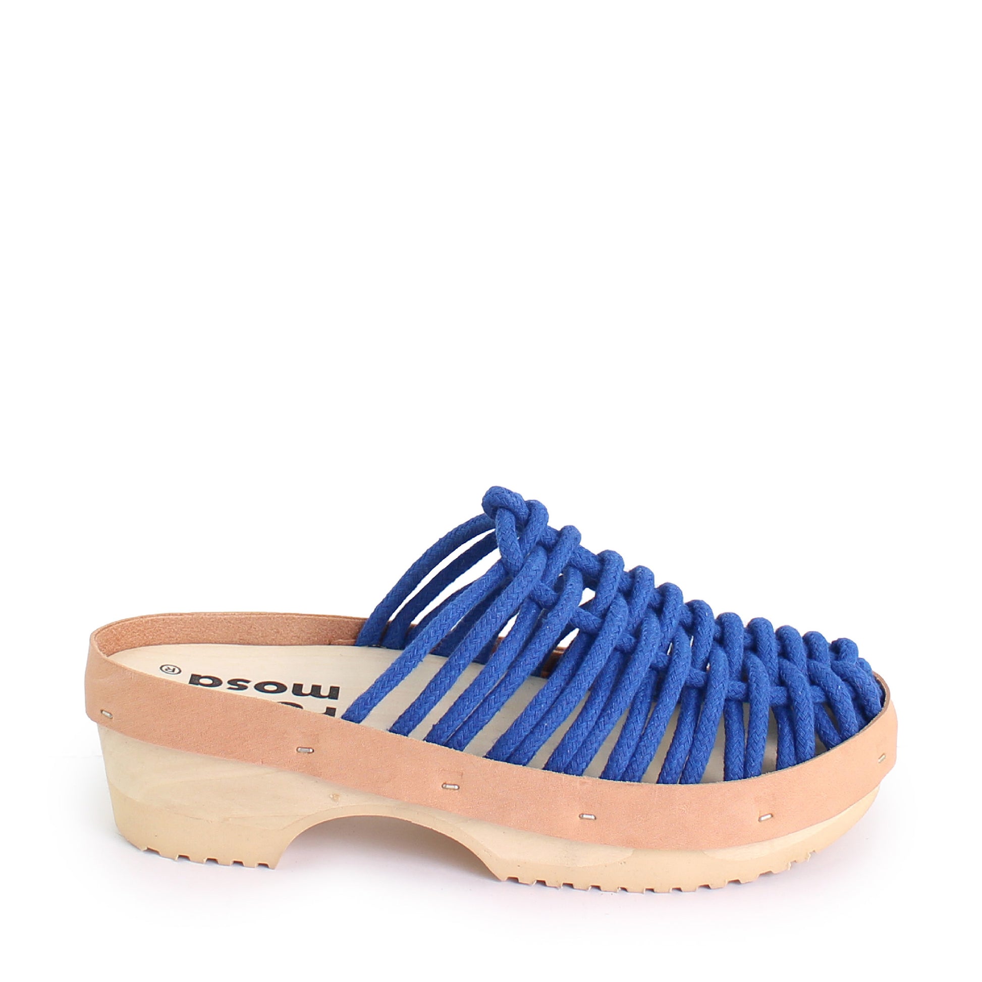 rosamosa panto blue cotton hand-woven net wooden clog