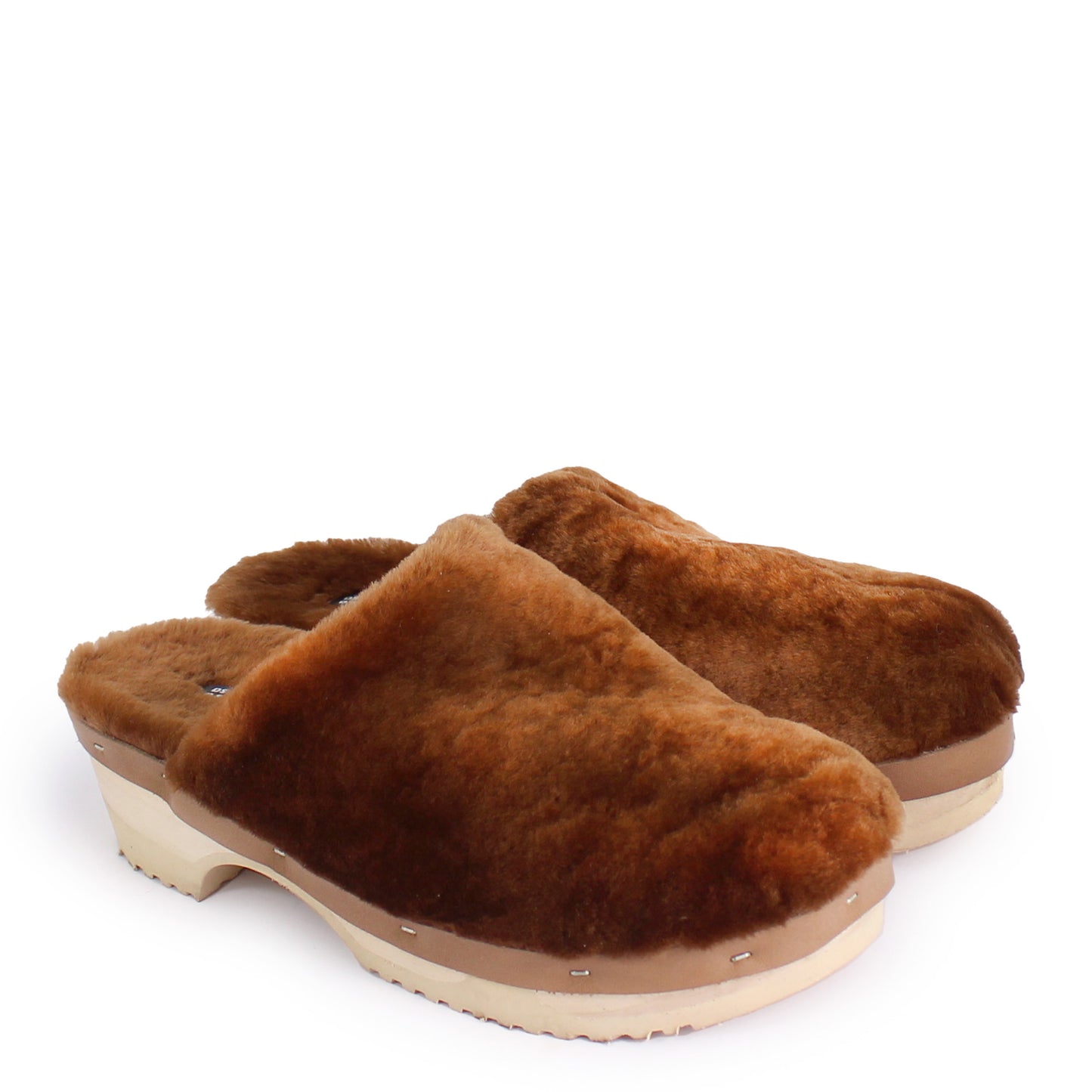 Rosa Mosa pantoffle bright brown soft shearling natural wooden clog adult shoe man woman