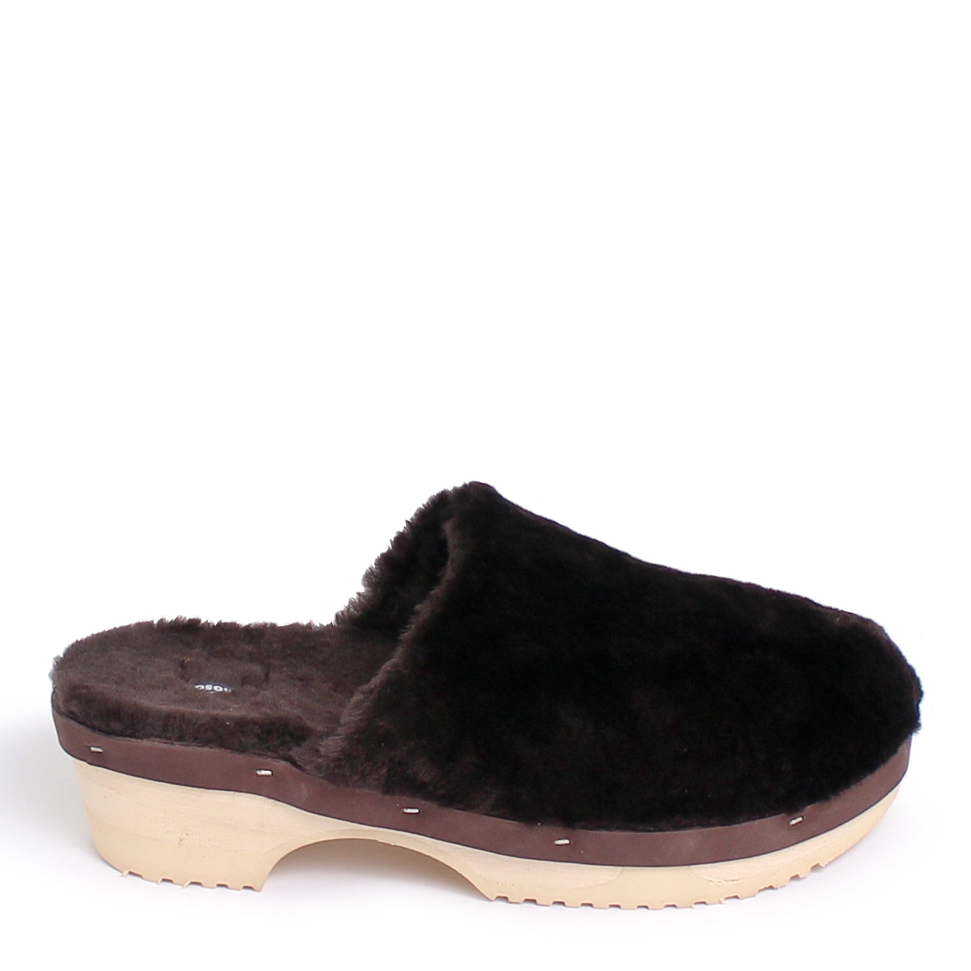 Rosa Mosa pantoffle Dark Brown shearling natural wooden clog adult shoe man woman