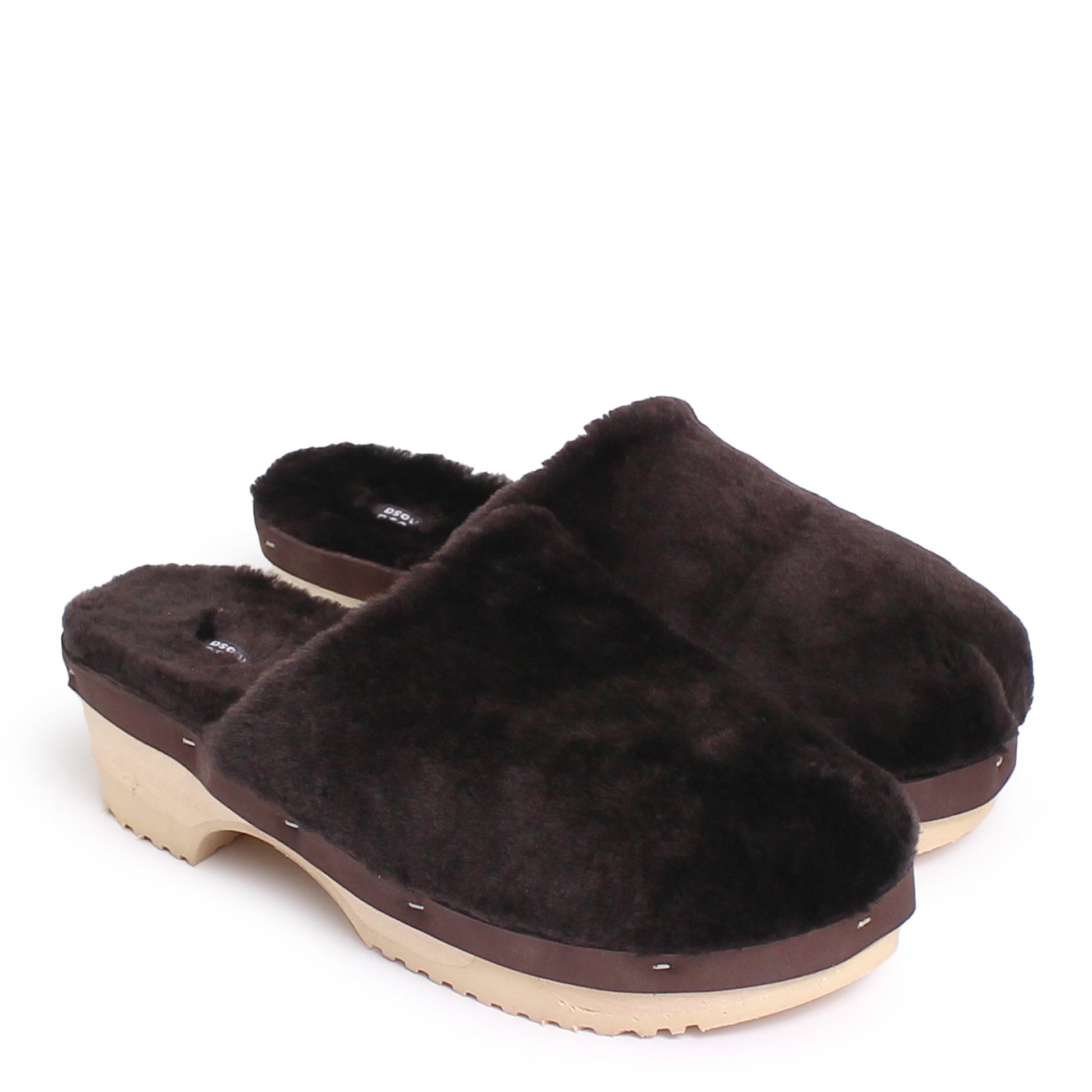 Rosa Mosa pantoffle dark brown shearling natural wooden clog adult shoe man woman