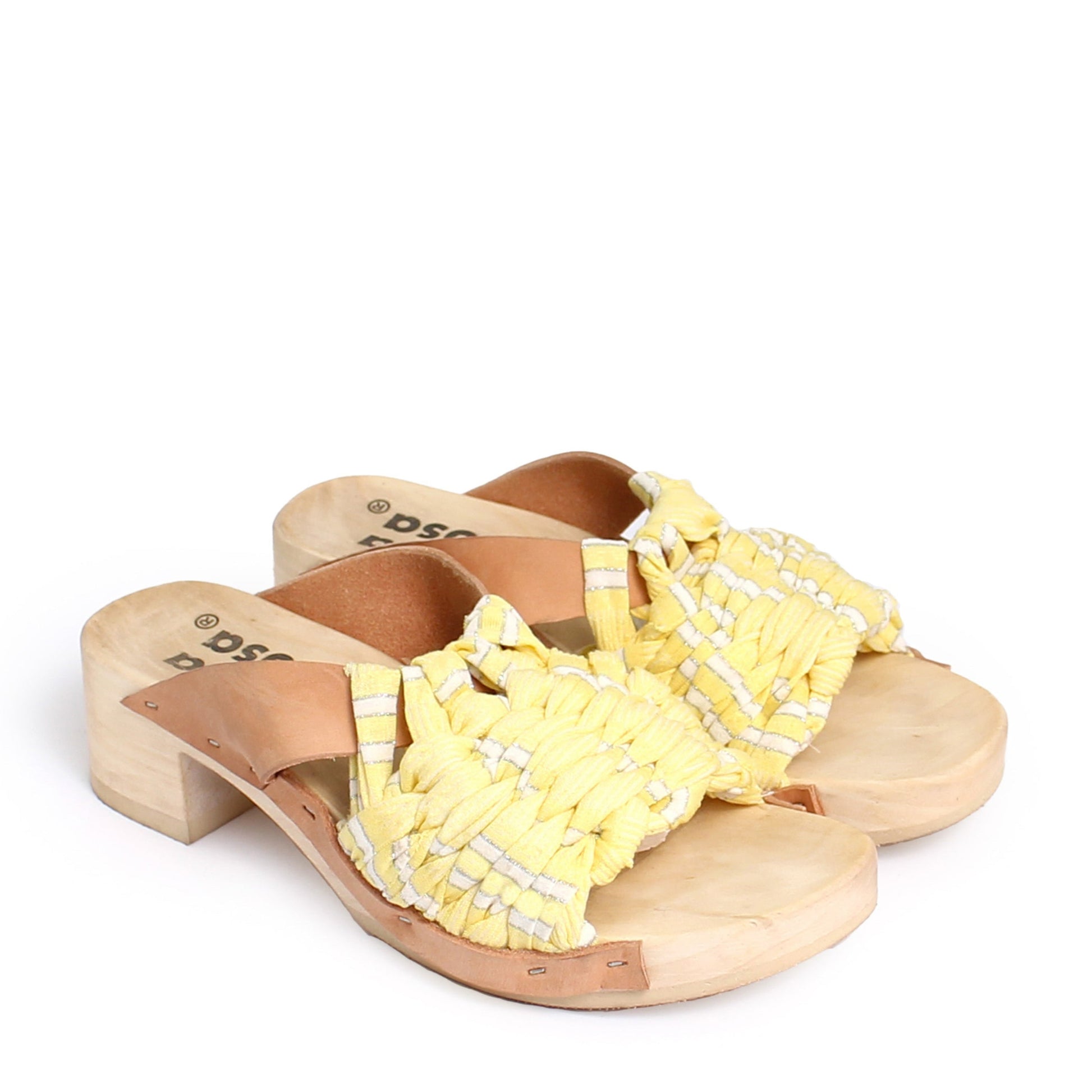 rosamosa rocco sun yellow handwoven fabric camel leather wooden clog shoe
