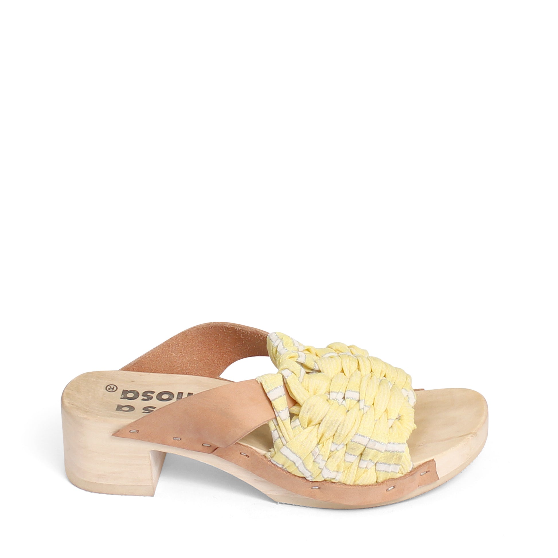 rosamosa rocco sun yellow handwoven fabric camel leather wooden clog shoe