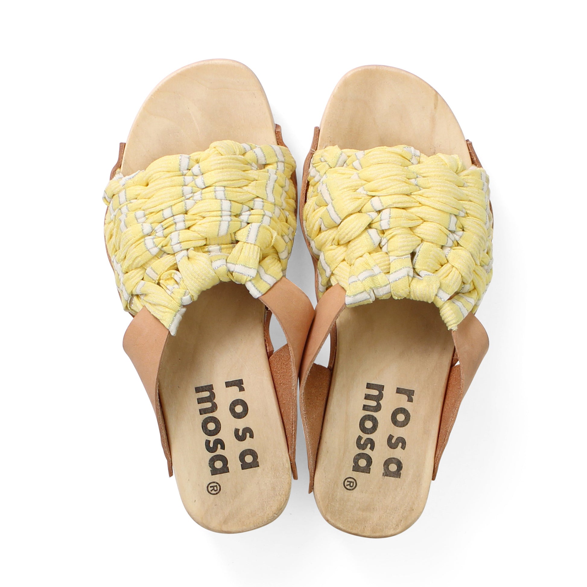 rosamosa rocco sun yellow handwoven fabric camel leather wooden clog shoe
