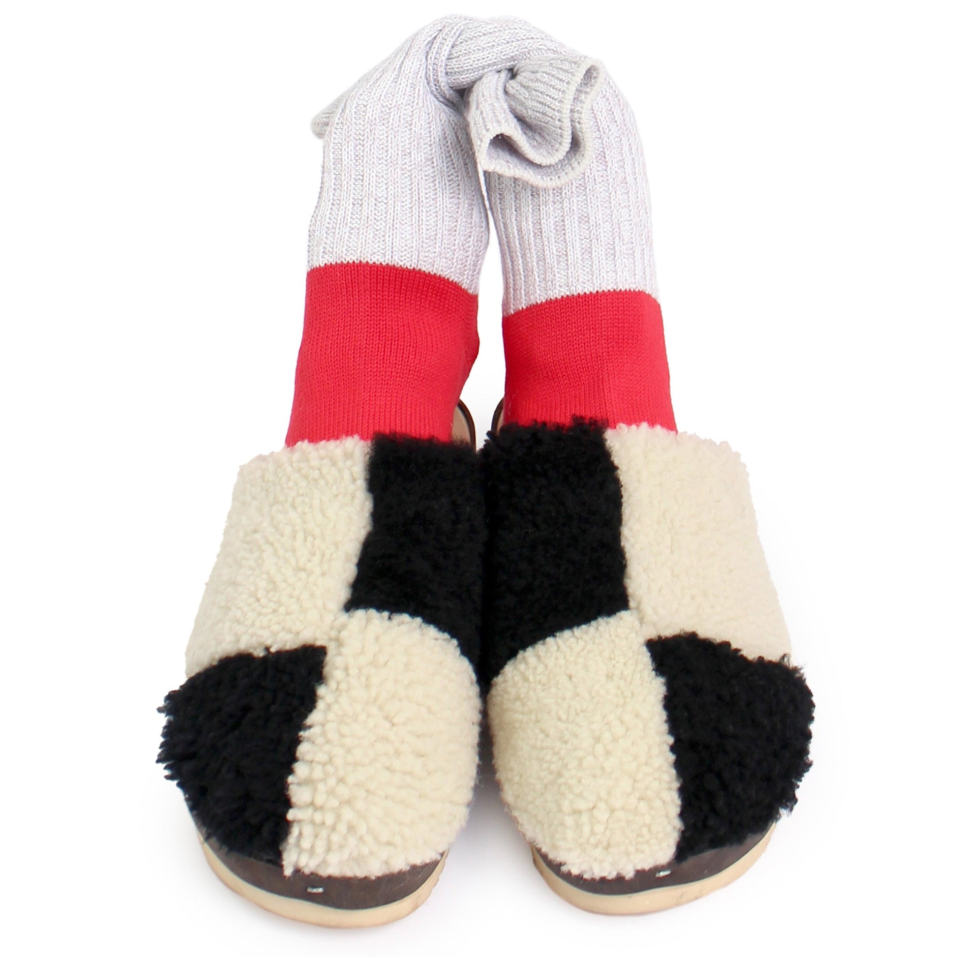 rosa mosa black white chess shearling wooden clogs