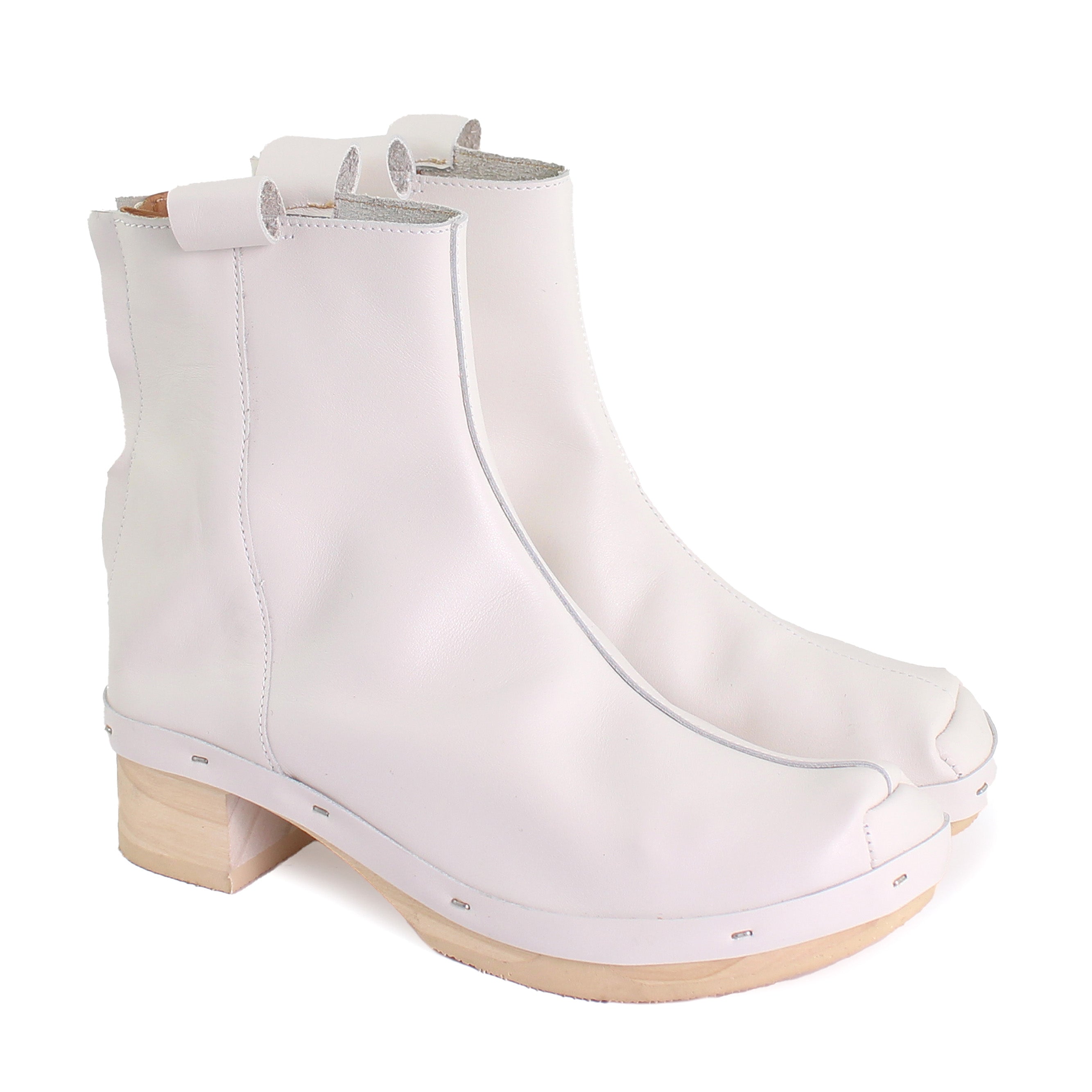 rosa mosa white leather ankle boot light wooden clog
