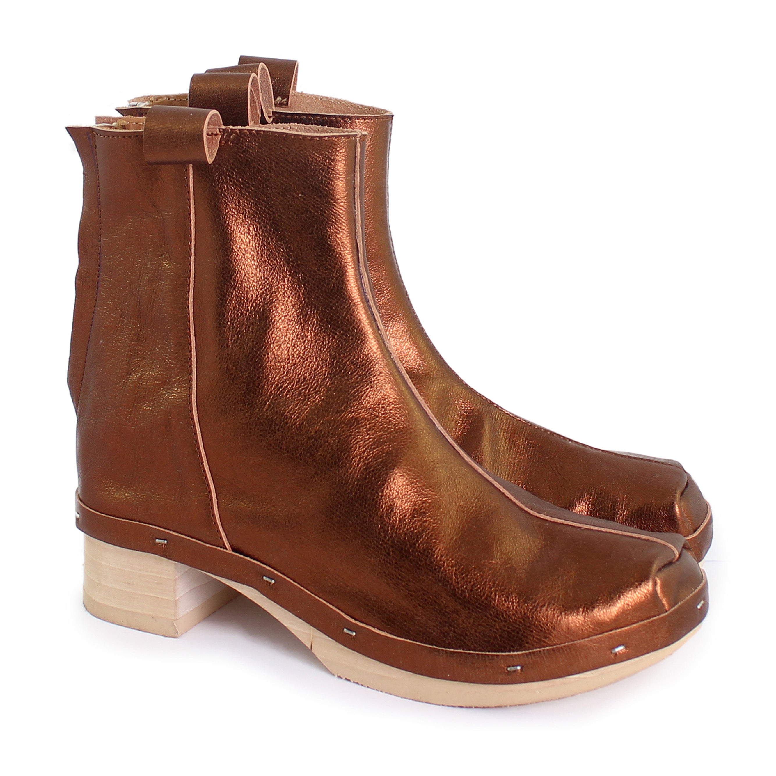 Rosa Mosa bronze leather ankle boot natural wooden clog boot adult woman man